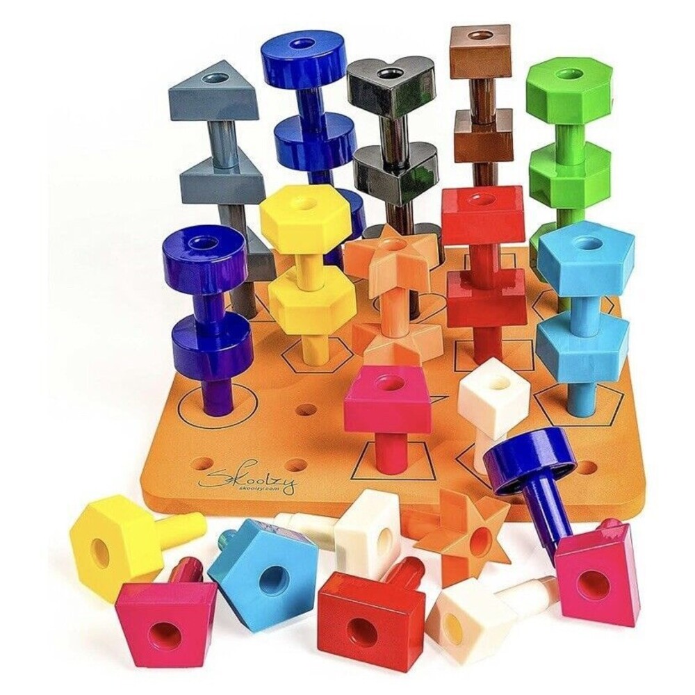 Skoolzy Toddler Stacking Peg Board Set, 36 Pegs, 12 Shapes & 12 Colors